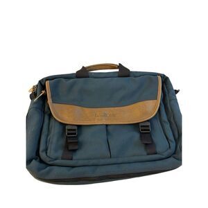 LL Bean messenger travel bag Korea 19"x13"Green Brown Handles Vintage